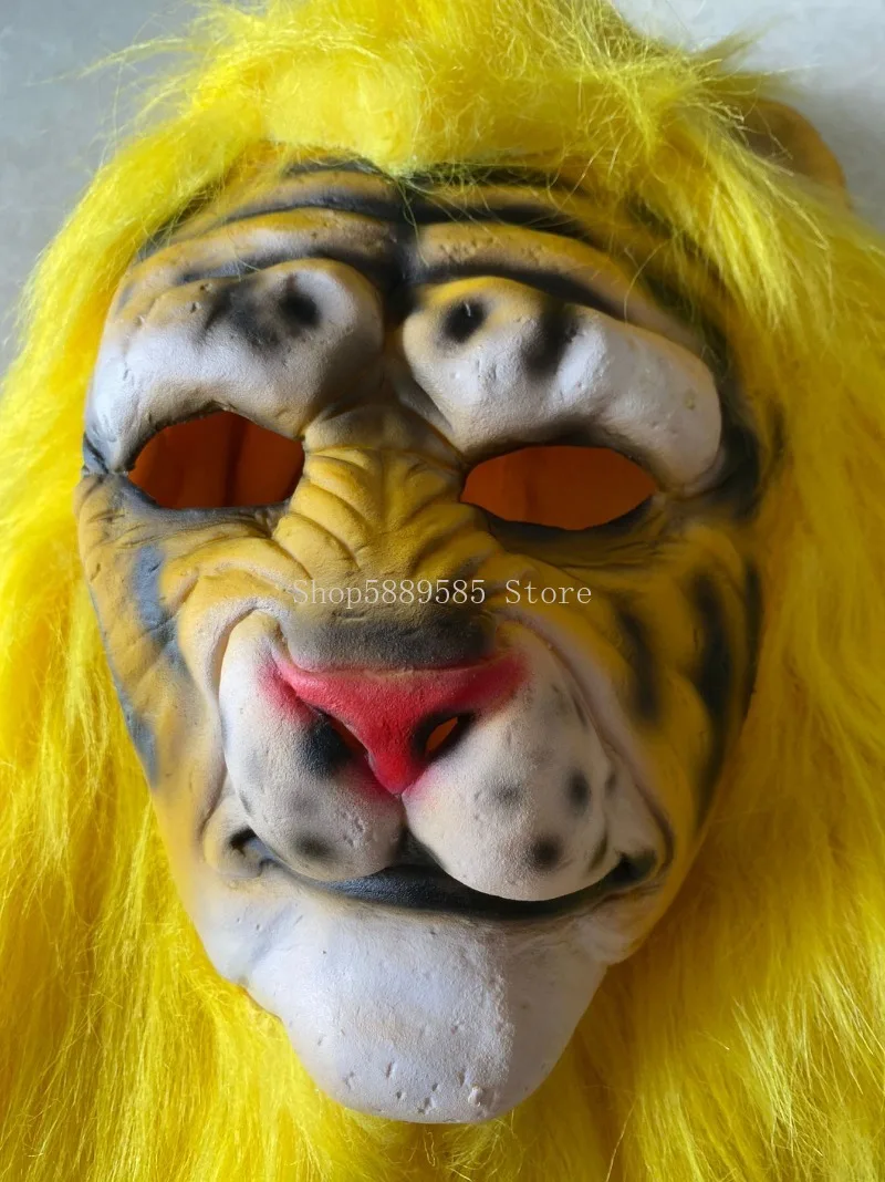 Tiger Mask Full Head Latex Mask with Hair Mens Scary Horror Mask Fancy Dress for Halloween Cosplay Carnival Party Costume Props