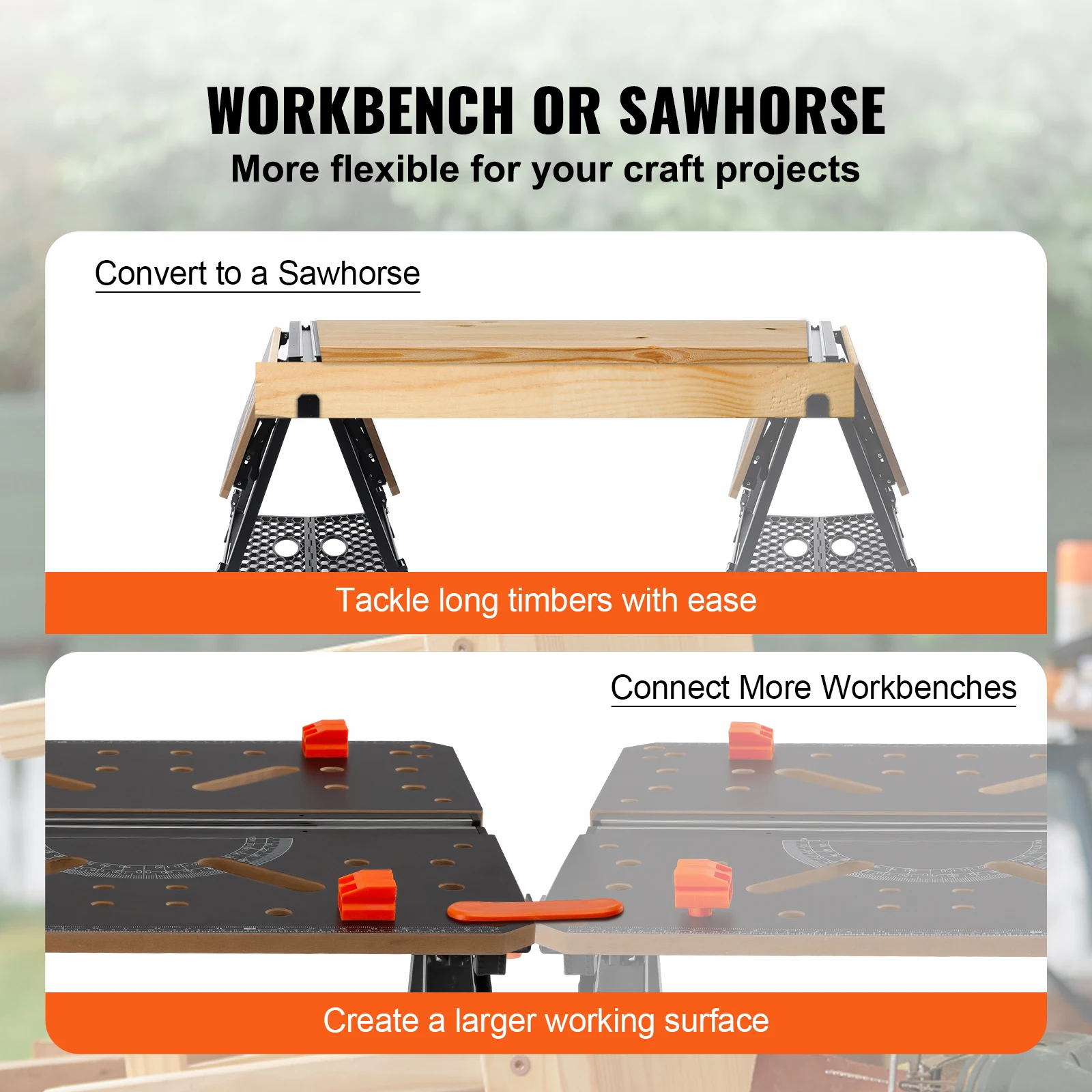 VEVOR Folding Work Table 7-Level Height Adjustment Workbench & Sawhorse with Versatile Clamping System for DIY Woodworking Use