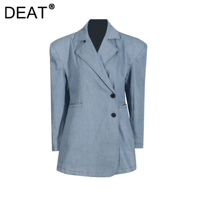 DEAT Women's Denim Blazer Notched Collar Buttons Design Blue Female Loose Elegant Suit Jackets 2024 New Fashion Autumn 29L9011