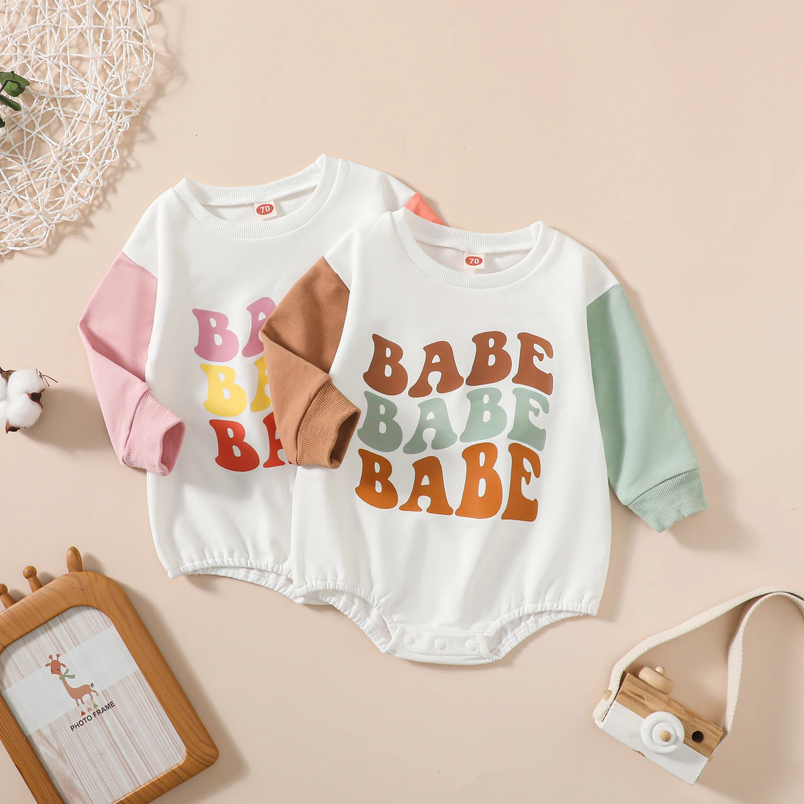 

Infant Baby Sweatshirt Rompers Letter Print Contrast Color Long Sleeve Jumpsuit for Girl Cute Fall Clothes