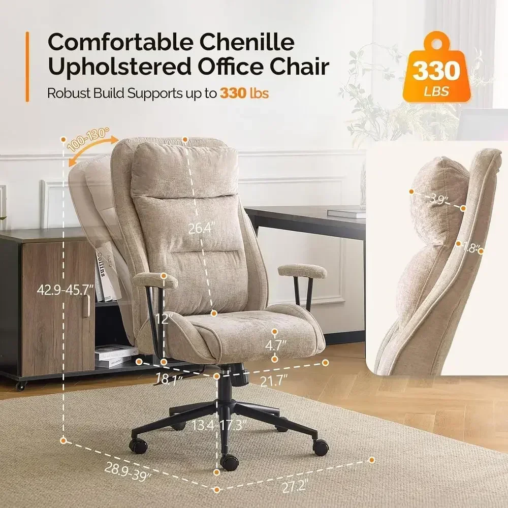 Ergonomic High-Back Office Chair with 100-130° Recline, Adjustable Base, Padded Back, and Wheels, Suitable for Comfortable Use i