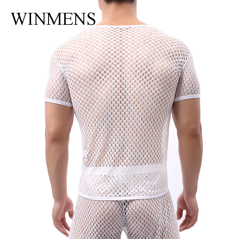 Woxuan Merk Cut-Outs Mesh Heren Doorzichtige Tops Met Korte Mouwen O-Hals Visnet Ademend Volwassen Grappige Doorschijnende Ondershirts Erotisch