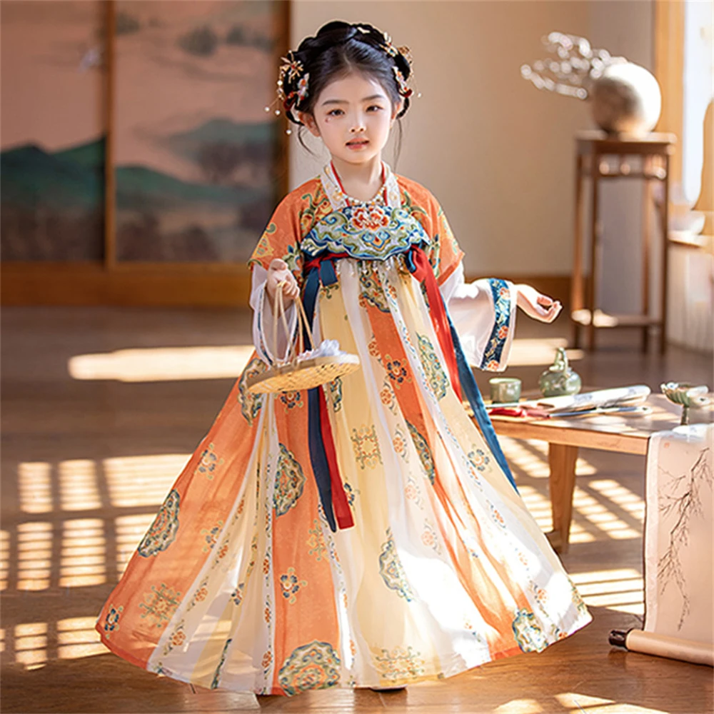 Spring Autumn Chinese Traditional Embroidery Dress Girl Hanfu Folk Tang Suit Fairy Performance Costume Children Vintage Clothing