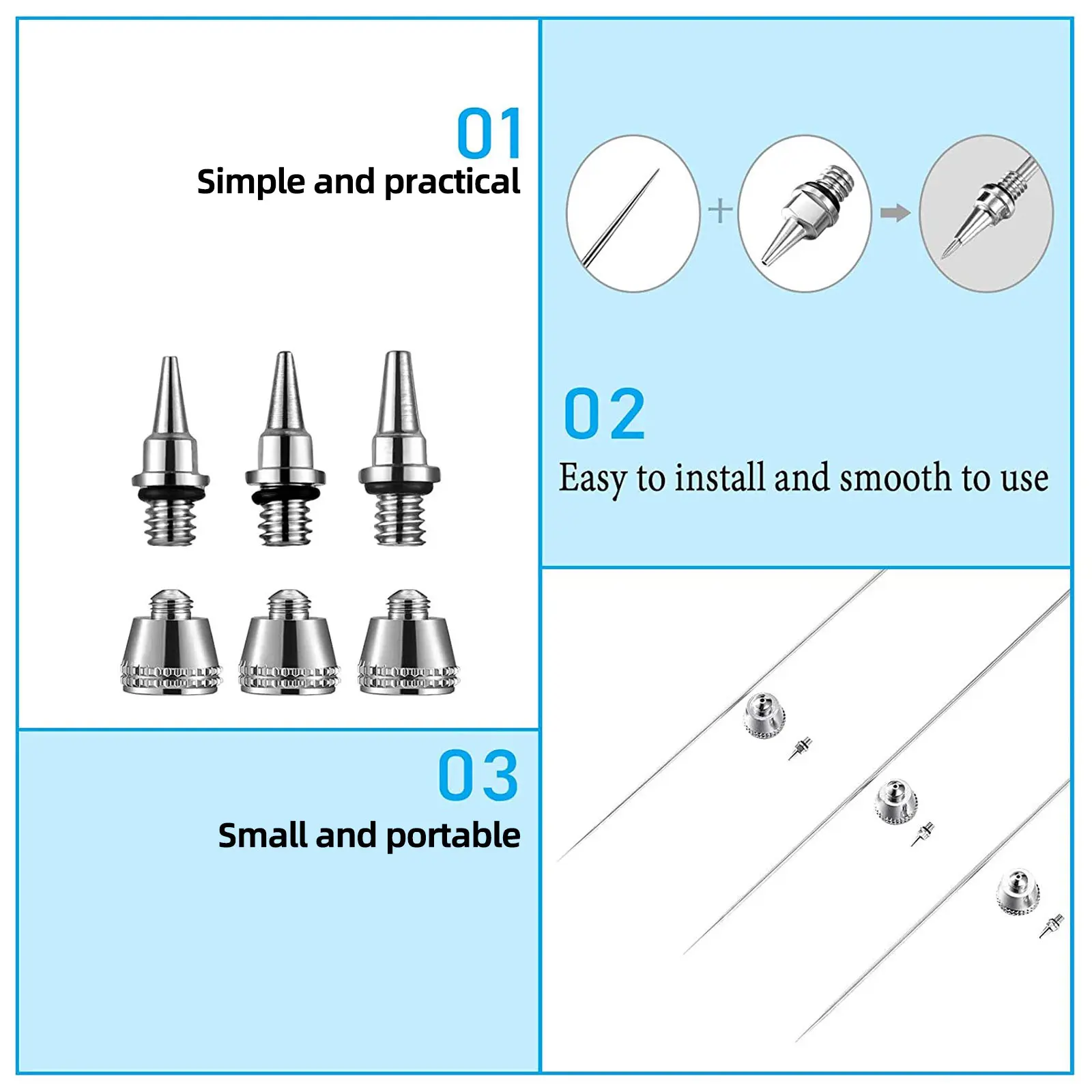 

Airbrush Accessories Set 0.2mm 0.3mm 0.5mm Nozzles Needles Stainless Steel Durable Replacement Parts for Painting Tools Art