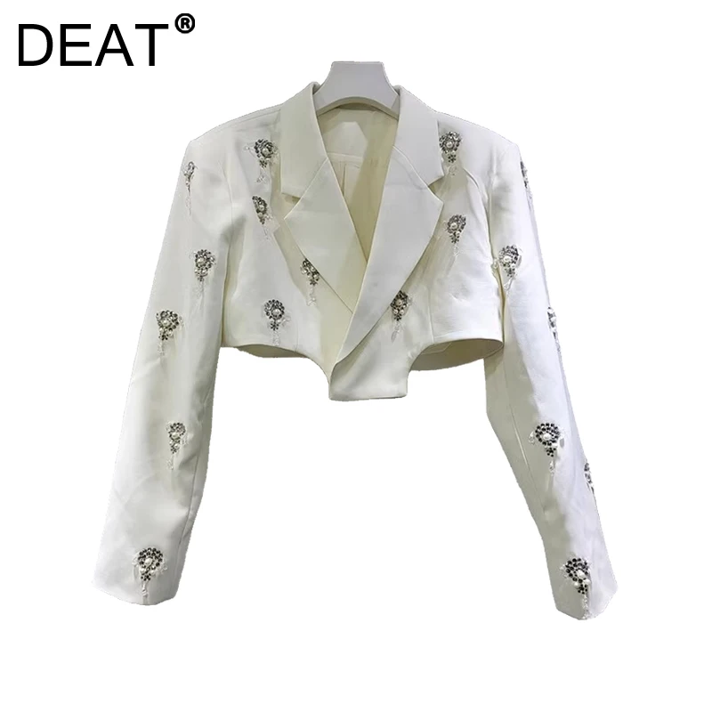 DEAT Women's Suit Jackets Crystal Pendant Notched Diamonds Collar High Waist Short Blazer 2025 New Spring Fashion 29L9710