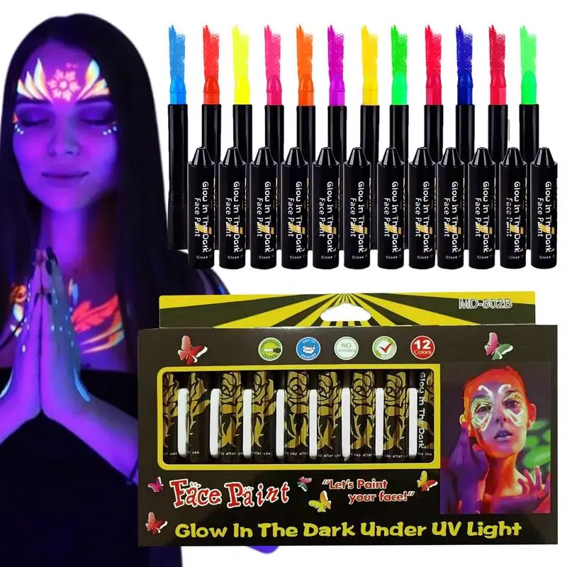 

12Pcs Vibrant UV Neon Face Body Paint Kit Glow-in-the-Dark Water-Soluble Makeup Set for Mardi Gras Halloween Masquerade Parties