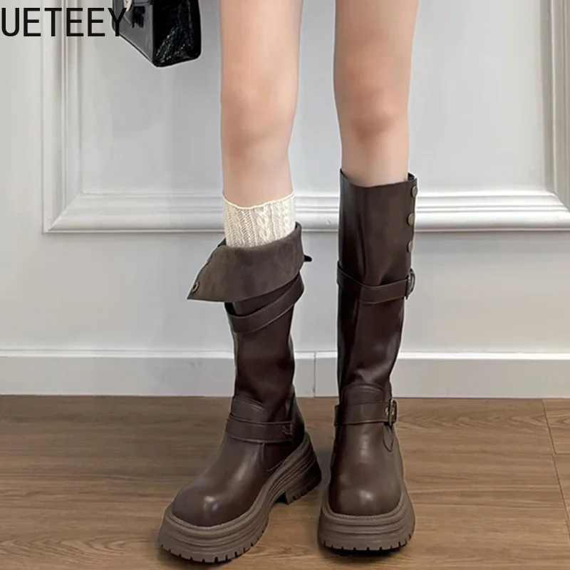 Winter Platform Women Thigh High Boots Fashion Belt Buckle Long Booties Vintage Square Low Heels Ladies Shoes