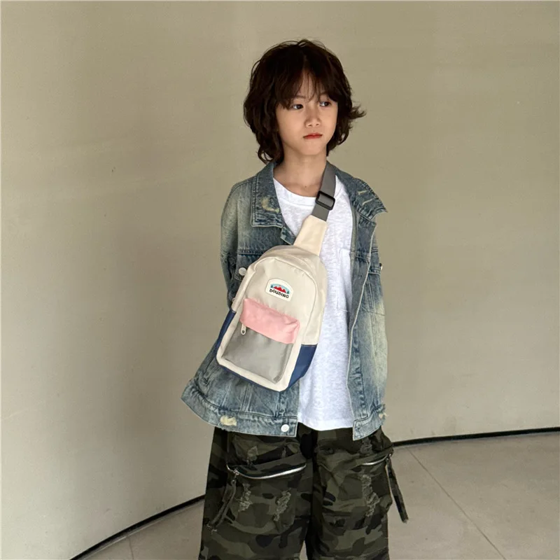 컬러 블록 어린이 가슴 가방, 가볍고 방수되는 나일론 원단, 귀여운 어린이용 싱글 숄더 백팩