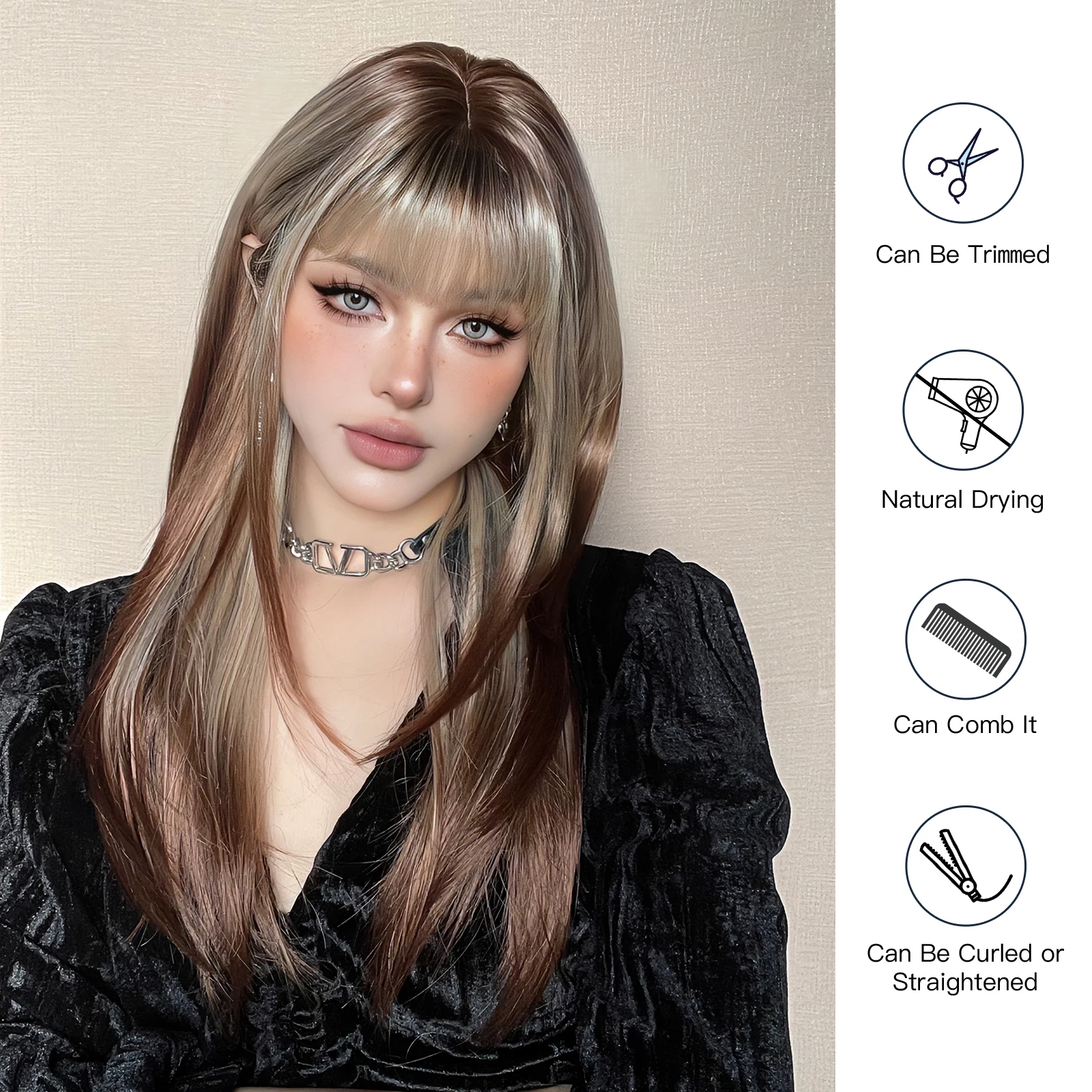 EASIHAIR Long Straight Layered Wigs with Bangs Ombre Blonde Brown Silky Synthetic Hair for Women Daily Party Wigs Heat Resistant