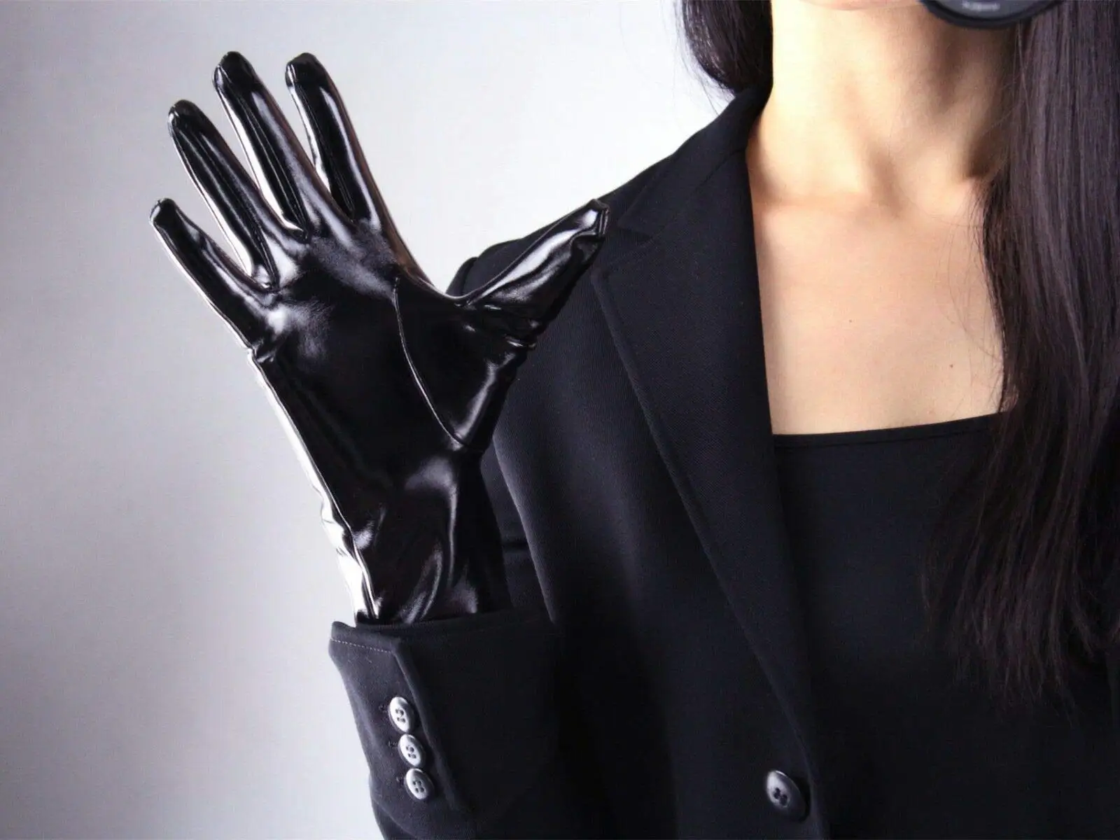 DooWay Black Latex Gloves Faux Leather Sheepskin Oil Glossy Shiny Wet Look 28cm Wrist Long Winter Warm Driving Club Party Gloves