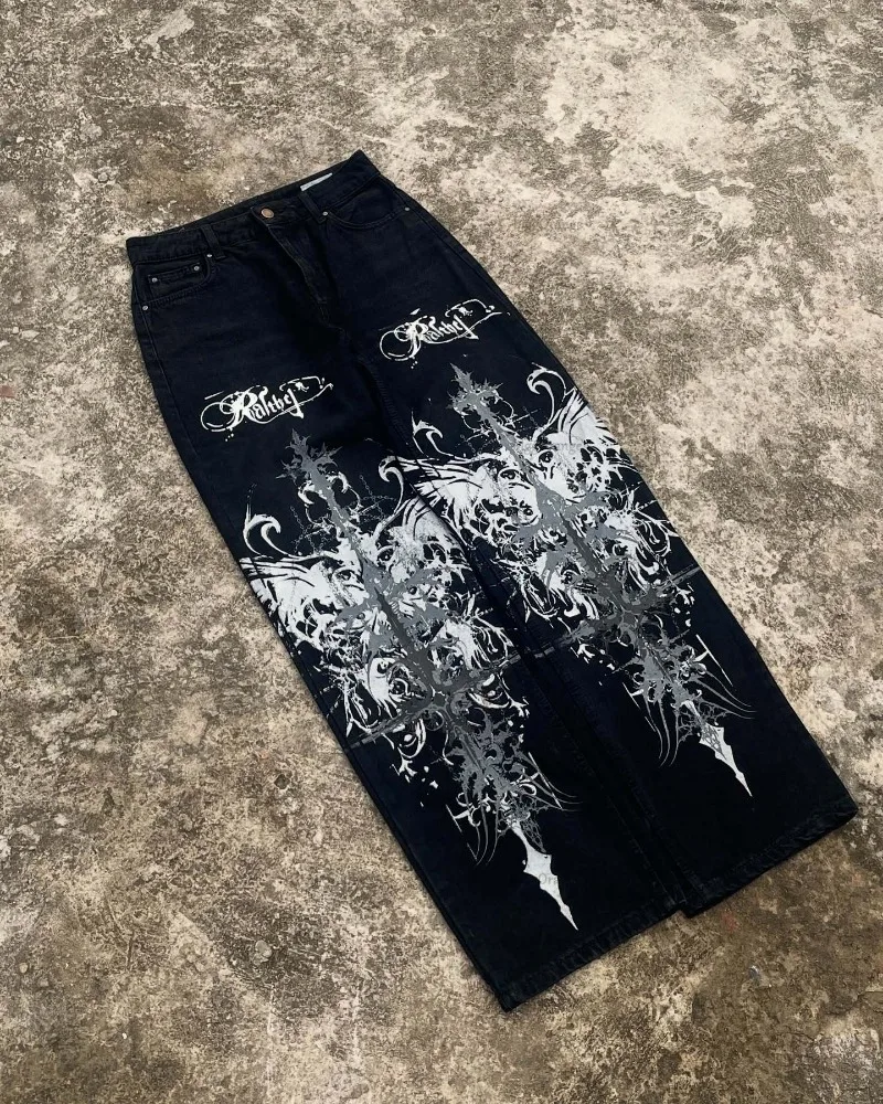 

Модные брендовые свободные потертые джинсы Harajuku в готическом стиле Harajuku с высокой талией для женщин Y2K Casual Rock Vintage Street Oversized Wide Legs Men