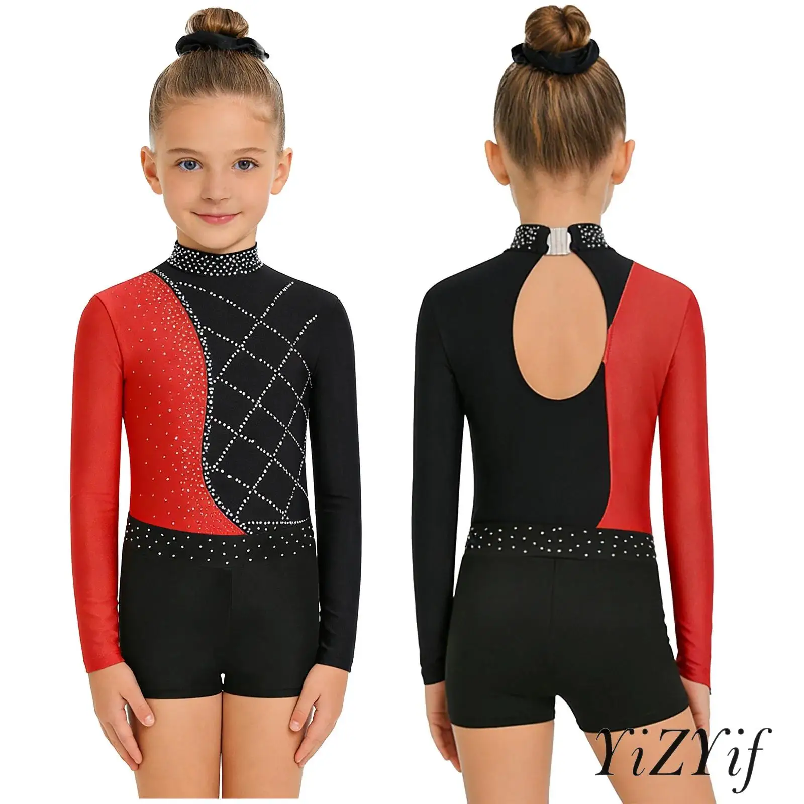 

Детский гимнастический балетный тренировочный наряд для девочек, цветной купальник с длинными рукавами и блестящими стразами + шорты + повязка для волос, танцевальная одежда для фигурного катания