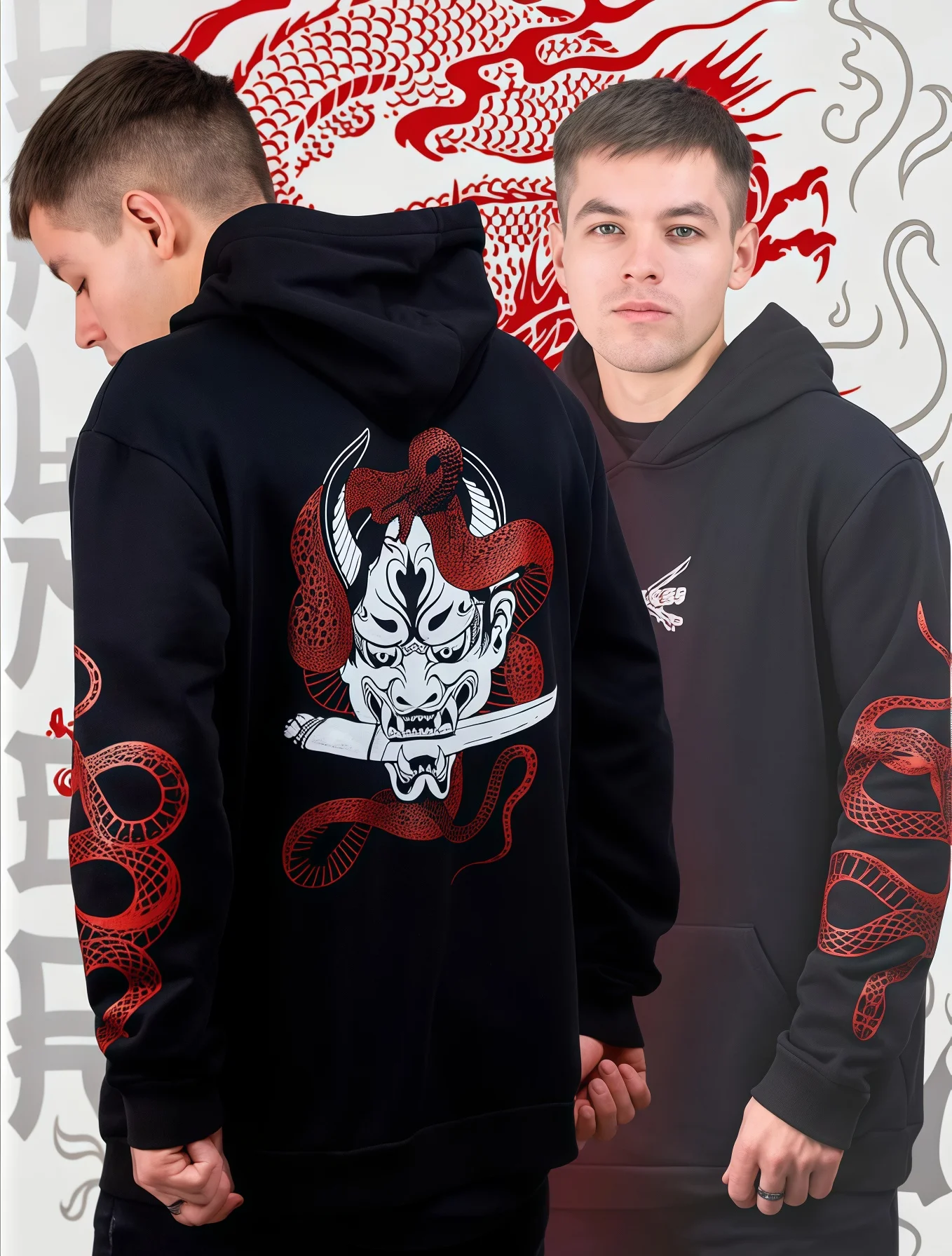 New Winter-Spring Street Style Men's Hooded Sweatshirt - Couple Cartoon Samurai Pattern Casual Loose-Fitting T-shirt