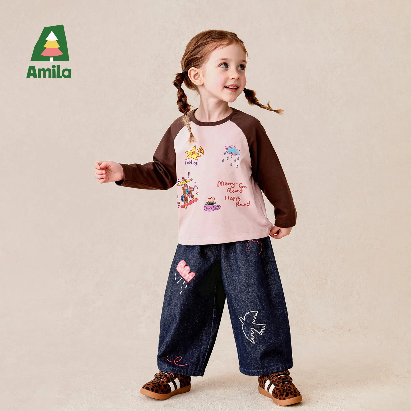 Amila 2026 Autumn New Kids Casual Pants Brushed Denim Texture Carrot Pants Cloud Embroidery Fashion Comfortable Daily Long Pants
