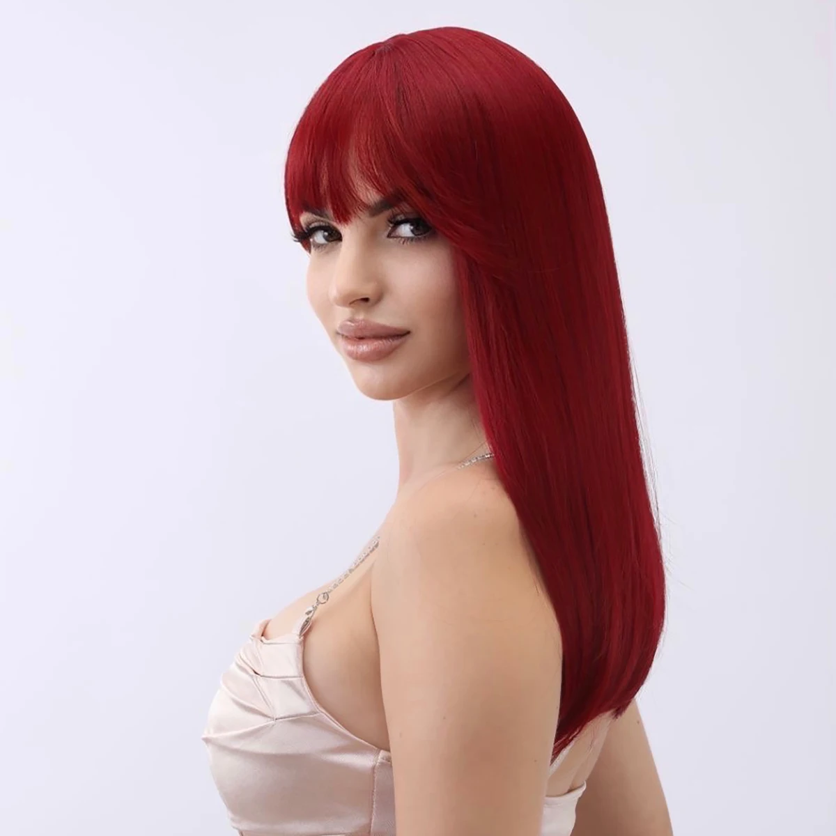 Wine Red Light Color Straight Bang Bob Wig For Women Natural Synthetic Fiber Wigs Daily Cosplay Party Heat Resistant Fiber Hair image 5