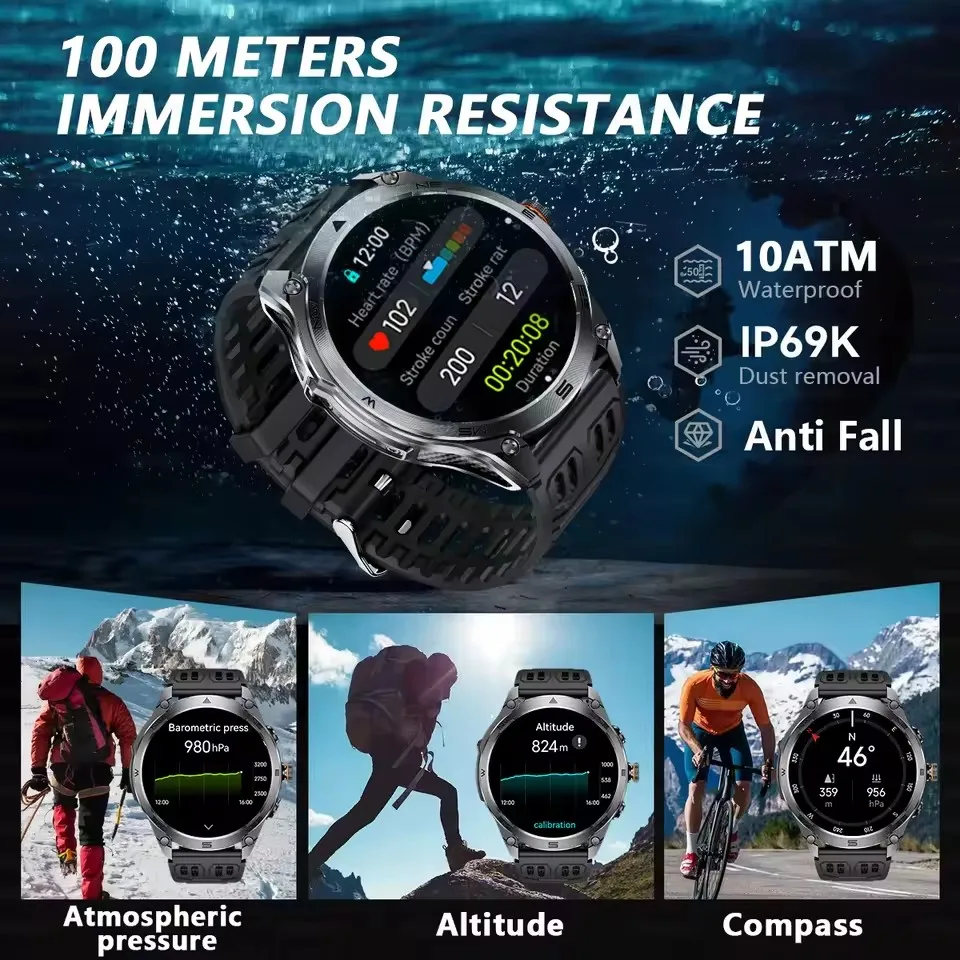 2025 جديد نظام تحديد المواقع SmartWatch الرجال 1000Mah بطارية البوصلة 5ATM مقاوم للماء تكتيكات الرياضة مصباح يدوي BT دعوة ساعة ذكية لنظام IOS أندرويد