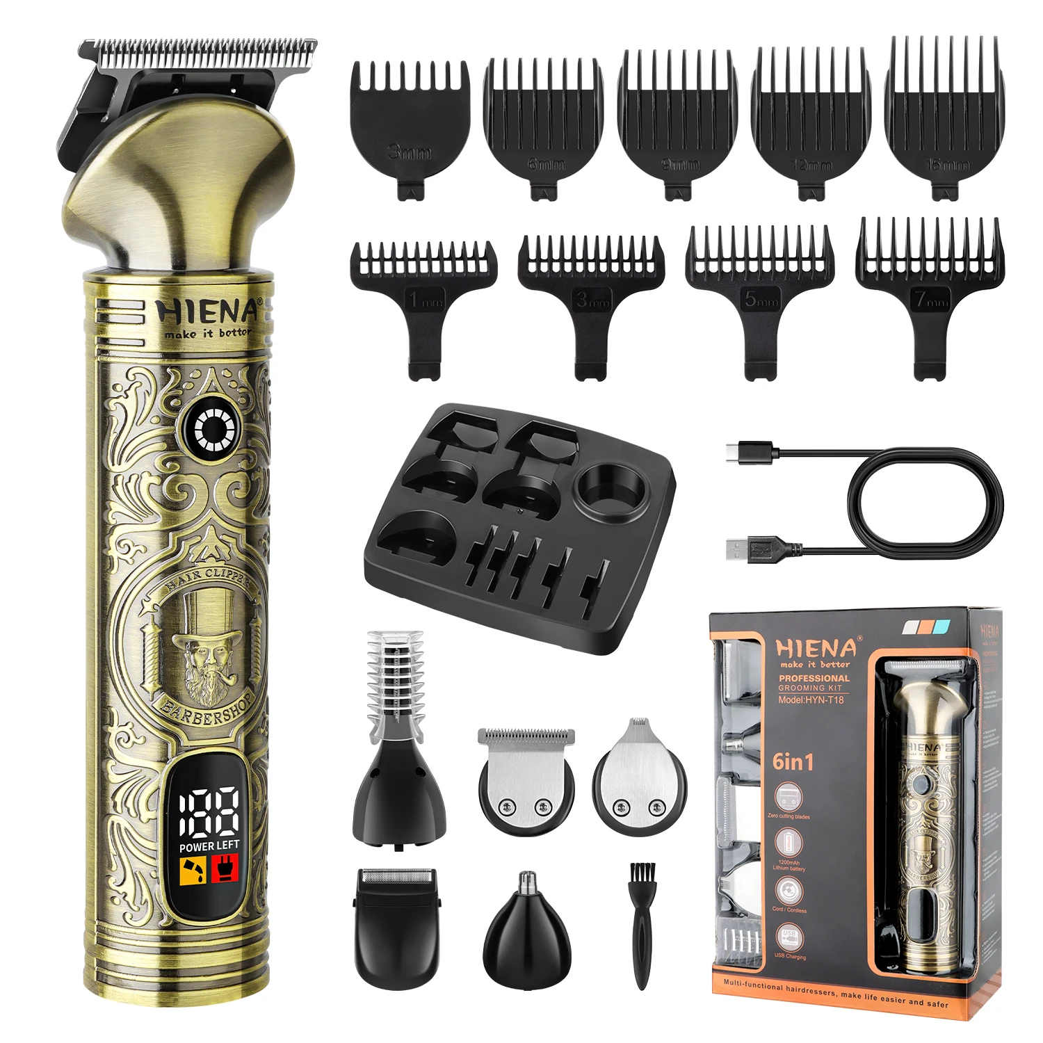 

HIENA 6-in-1 Professional Men's Hair Clipper, LED Display Cordless Beard Trimmer Grooming Kit HYN-T18