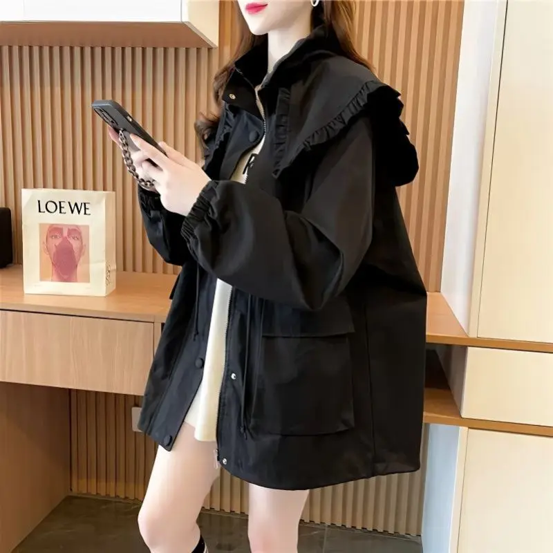

Korean Fashion Women's Trench Coat 2023 Spring Autumn Medium To Long Navy Collar Jacket Female Casual Loose Pocket Windbreaker