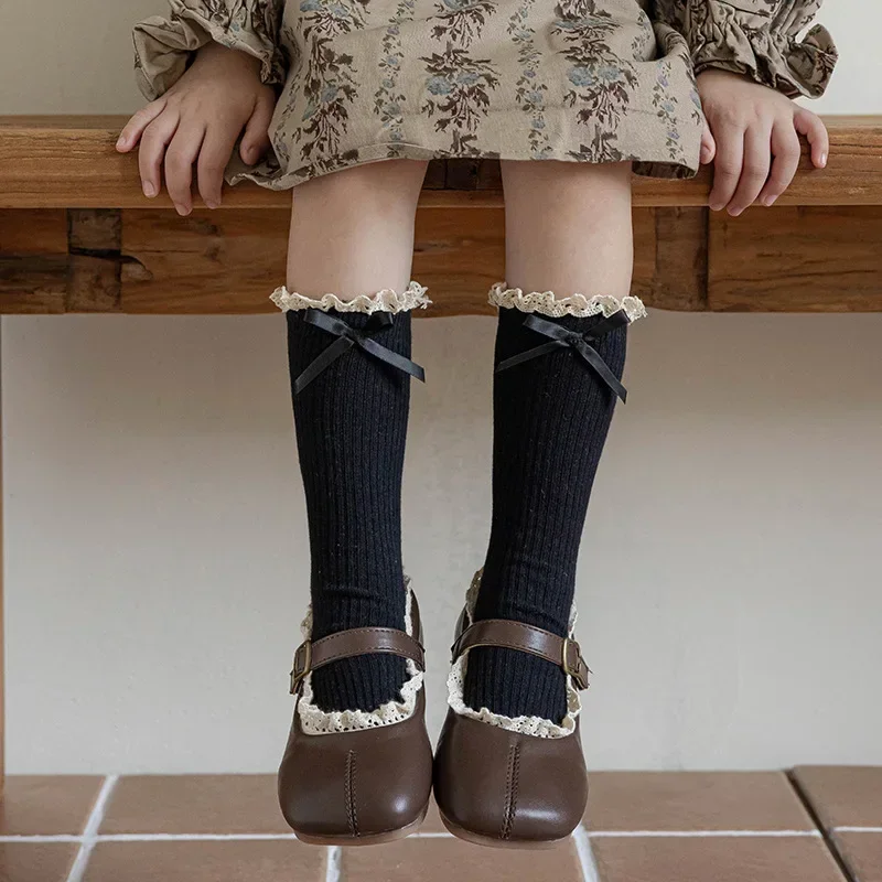 Princess Cute Young Kids Sock for Girl Retro Lace Ruffle Bow Calf Sock for Children Spring Autumn Soft Cotton Pile School Sock