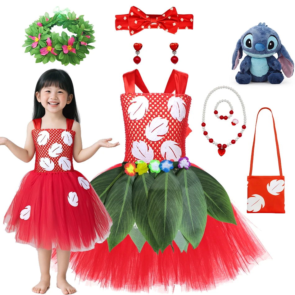 

Disney Stitch Cosplay Dress for Girls Lilo Inspired Hawaiian Costume With Wreath Necklace Bag Doll for Halloween Birthday