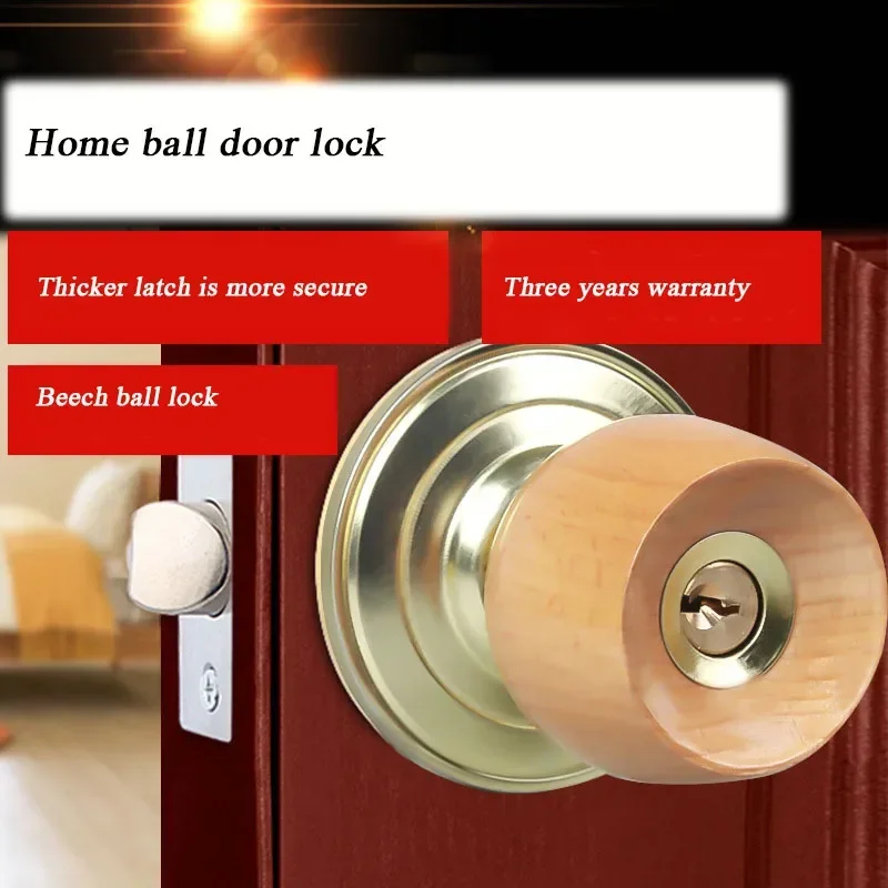 1 Set Wood and Metal Internal Door Lock Round Ball Door Knobs Handle with Key for Bedroom Living Room Bathroom Hardware