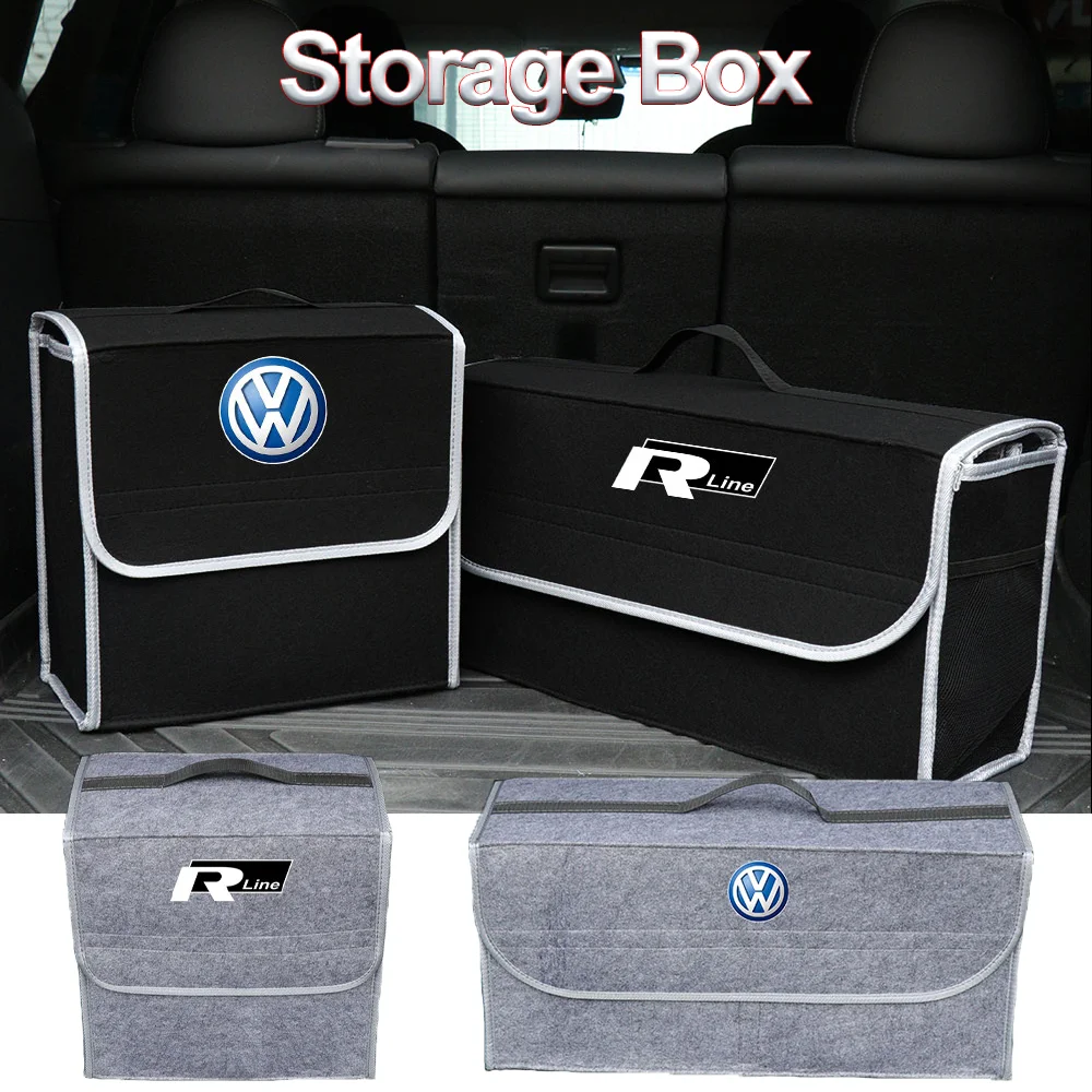 1PCS Black/Gray Car Logo Storage Box Trunk Organizer Box Felt Cloth Storage Box Auto Accessories For VW RLINE R POLO golf Tiguan