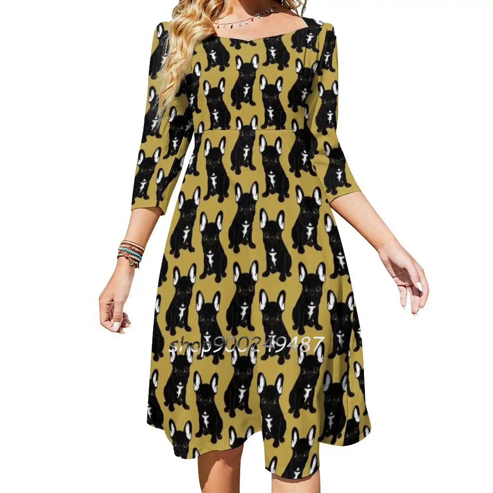 Brindle French Bulldog Square Neck Dress New Plus Size Elegant Women Waist Tight Dress Frenchie French Bulldog Brindle Dog