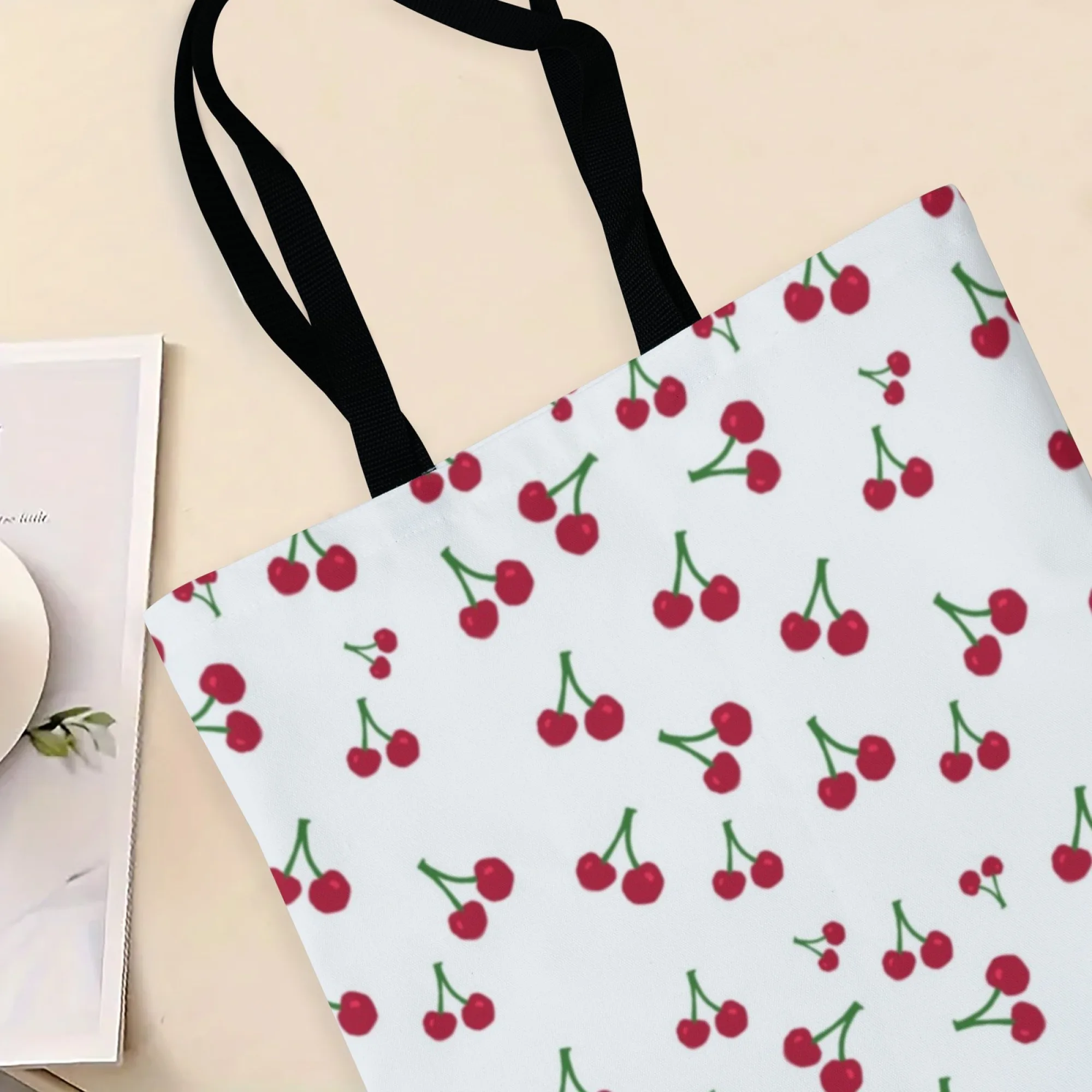 Vibrant Cherry Canvas Women Tote Bag White Fruit Design Eco-Friendly Suitable for Summer Markets Fruit Picking & Weekend Trips