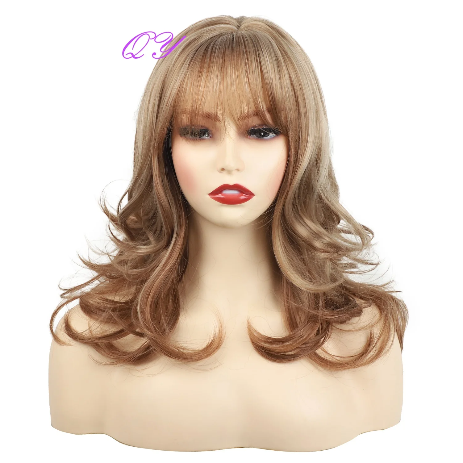 

Synthetic Medium Ladies' Wig Mixed With Brown, Naturally Curled, Layered With Bangs, Daily Or Party Wig For Women