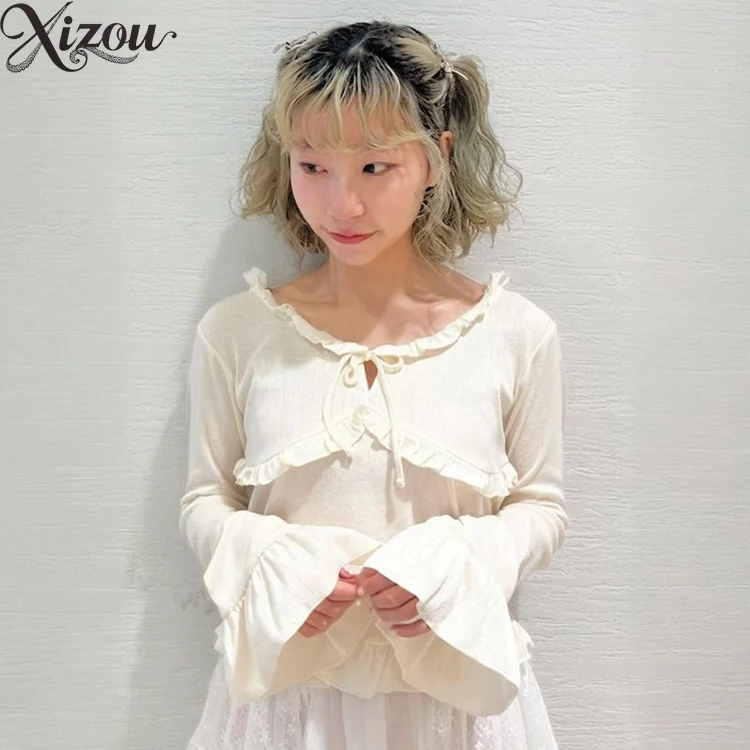 

Y2K Japanese Lolita Shirt French Retro Blouse Patchwork Long Sleeve​​ Spring Autumn Slim Knit Top Sweater Women Kawaii Casual