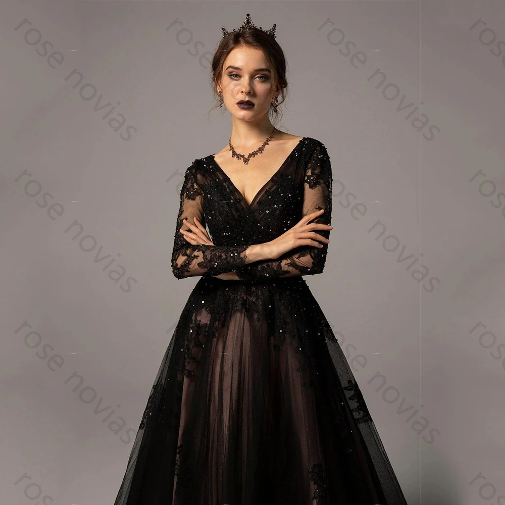 Customized High Quality Black Wedding Dresses Tulle V-Neck with Appliques Prom Gowns A-line for Floor Length for New 2026 Style