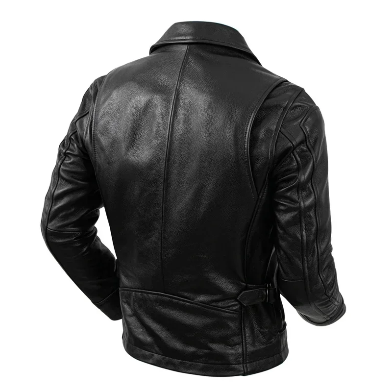 Pure Top Layer Cowhide Genuine Leather Jacket Men's Slim Fit Lapel Motorcycle Jackets Classical Black Zipper Coat