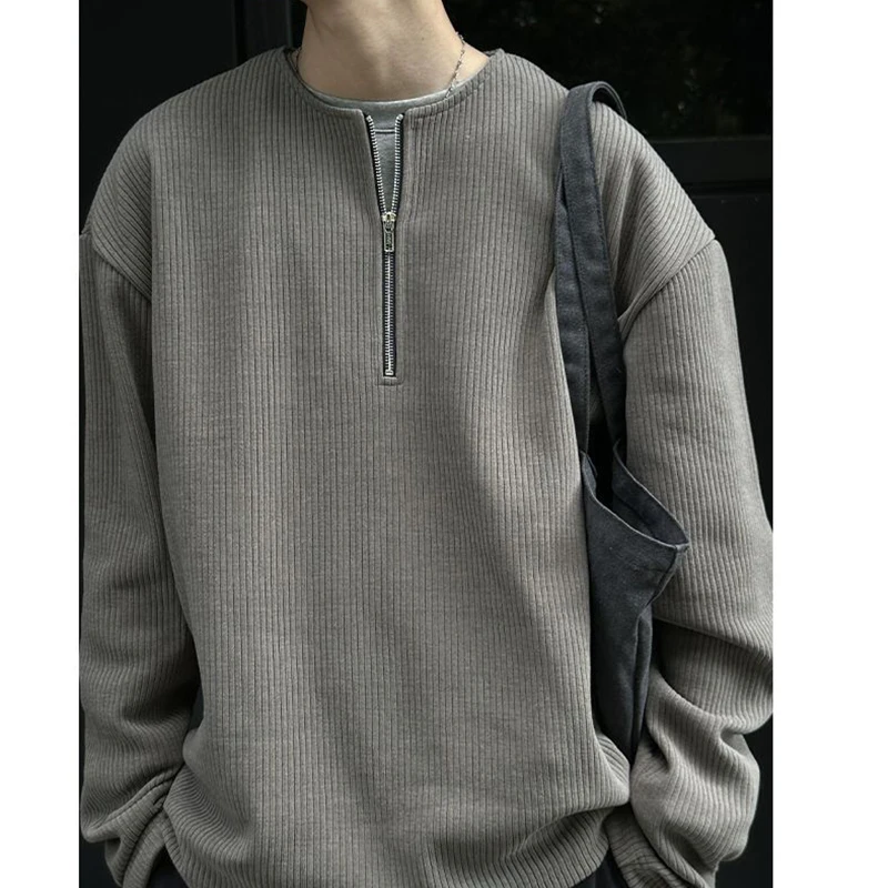 2026 Men Henry Collar Ribbed Half Zip Sweatshirt Spring Autumn Lazy Loose Trendy Vertical Striped Texture Long Sleeve Tops