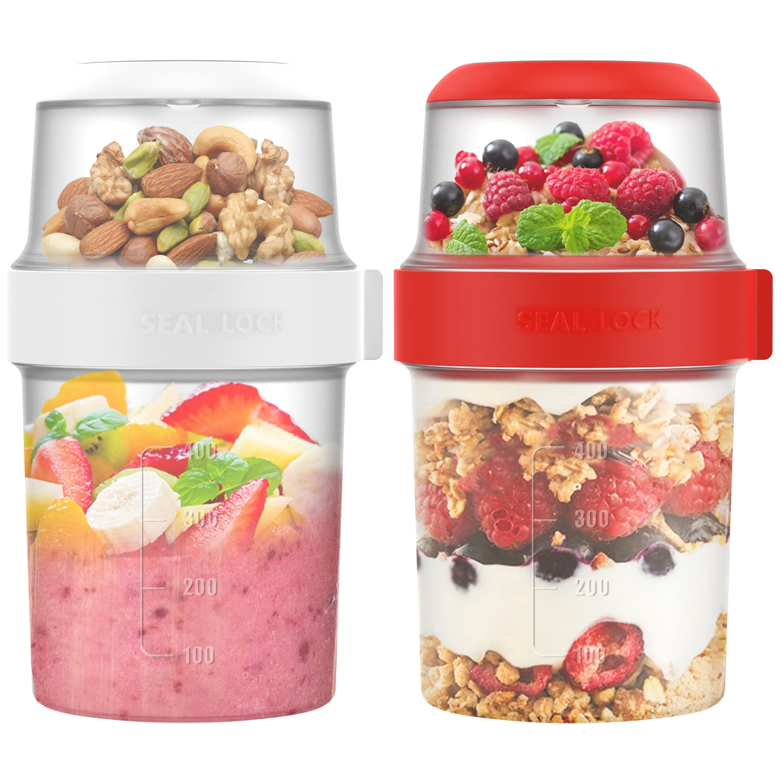 2Pcs Breakfast Cups Reusable Take and Go Yogurt Cup Double Layer Overnight Oats or Cereal Oatmeal Container Jar Lunch Box