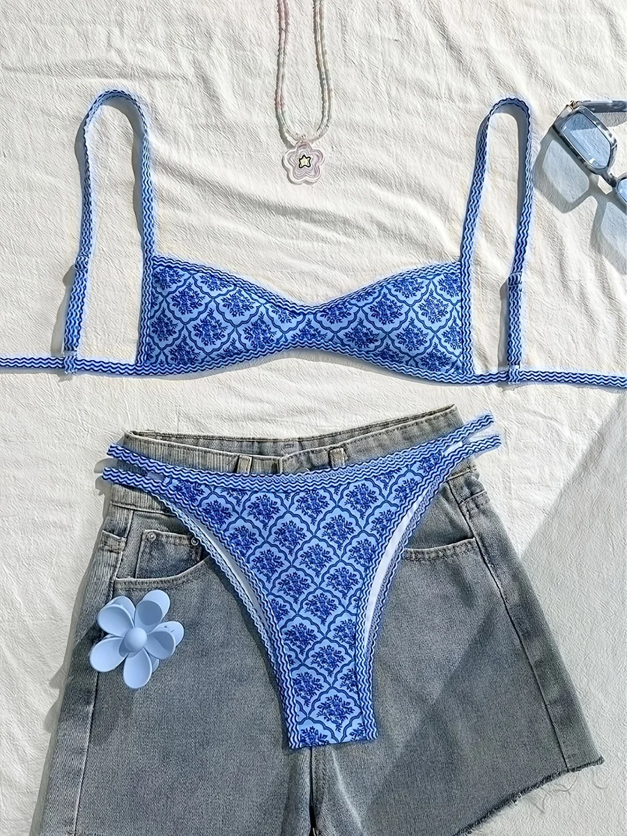 

XS - XL Flowers Printed High Leg Cut Bikini Female Swimsuit Women Swimwear Two-pieces Bikini Set Bather Bathing Suit Swim Lady