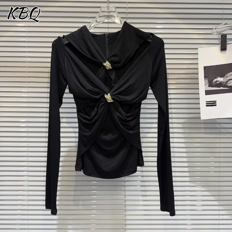 

KBQ Solid Spliced Metal Slimming T Shirt For Women V Neck Long Sleeve Hollow Out Crisscross Casual Pullover Top Female Fashion