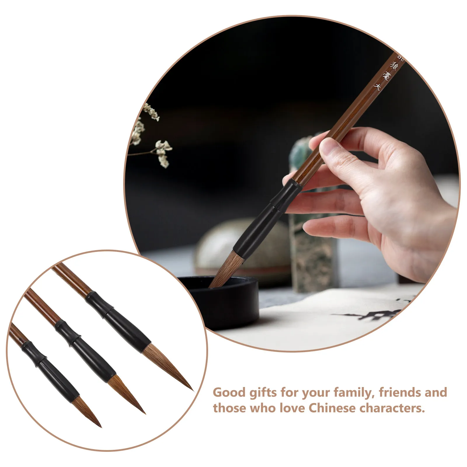 

3Pcs Chinese Calligraphy Brush Set Smooth Writing Portable Wooden Painting Pen for Students Artists Beginners Couplet Art