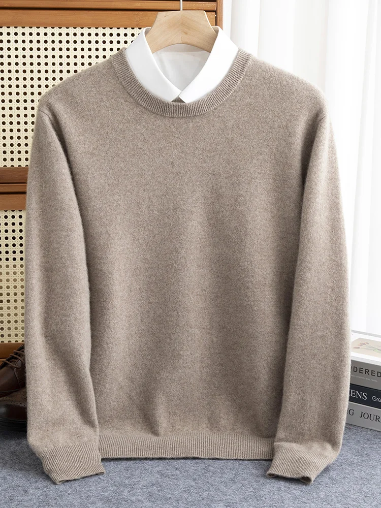 Autumn Winter Men\'s O-neck Basic Pullover Sweater Pure Color Smart Casual Jumper 100% Merino Wool Knitwear Soft Comfort Clothes