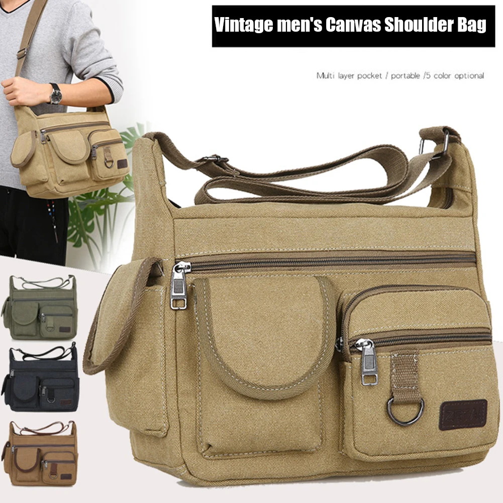 Men Travel Crossbody Bag Large Capacity Canvas Casual Messenger Bag Multifunctional Vintage Storage Bag Work School Bag for Male