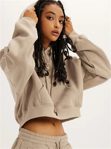 Imagen 1 del producto Sudaderas con capucha holgadas a la moda para mujer, Top corto de manga larga para otoño e invierno, ropa de calle, camisa con capucha con cordón sólido, sudadera informal para mujer