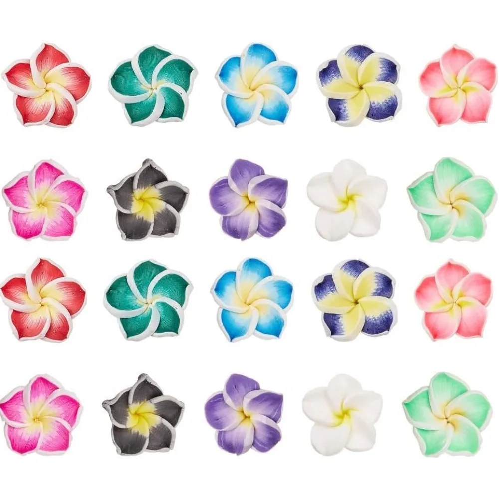 

100Pcs 10 Color Polymer Clay Flower Beads Plumeria Spacer Loose Beads 15x8mm 5 Petal Summer Hawaii Floral Hawaiian Beach