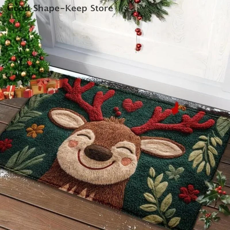 1 Stück festliches Feiertagsdesign mit roten Beeren und grünen Blättern, flauschige Weihnachts-Hirsch-Mikrofaser-Badematte – schnell trocknend und saugfähig