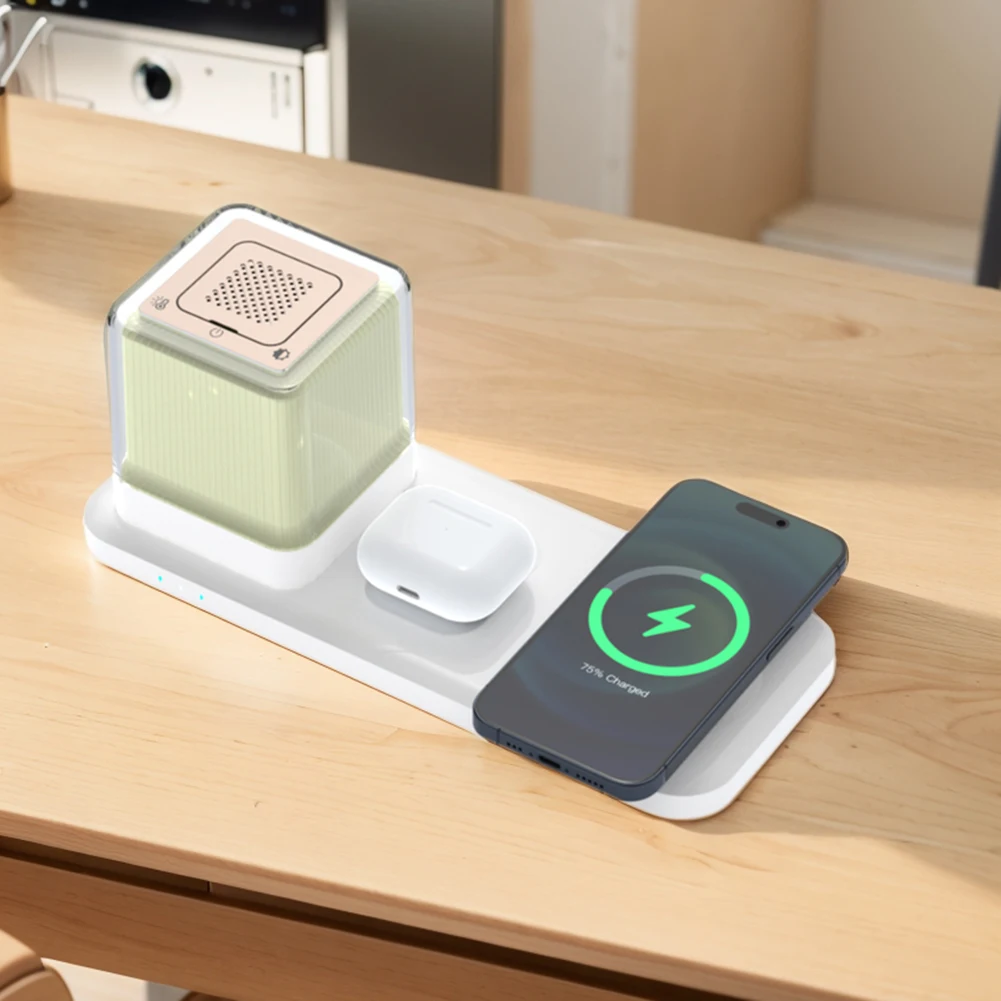 3 in 1 Wireless Charging Station with Night Light Max.15W Fast Wireless Charger for Huawei Mate-60 All Series GalaxyBuds/Buds +