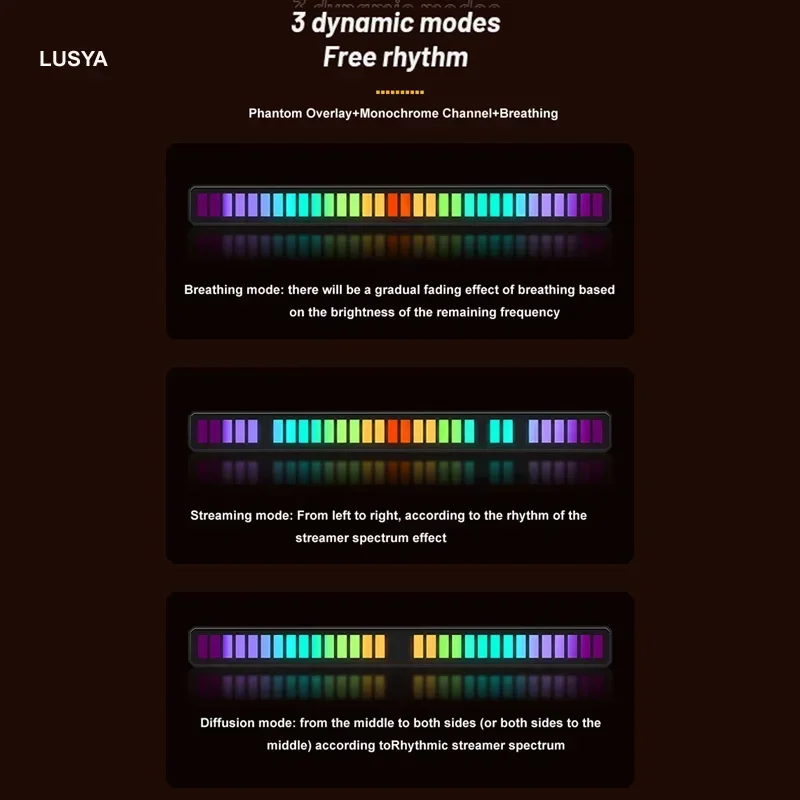 LUSYA D08 Pickup Rhythm Lights 32 Bit Led RGB Voice Control Synchronous Music Level Indicator VU metter For Car Party