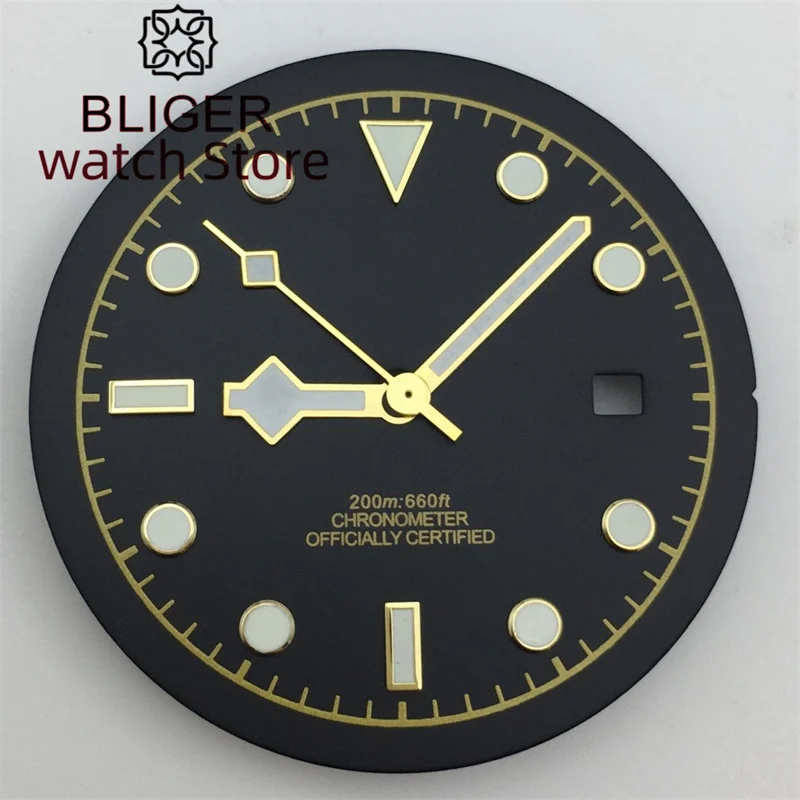 BLIGER/ Custom Logo NH35 Dial 33.5mm luminous black dial with Hands fit NH35 NH36 PT5000 ETA2836 2824 Miyouta DG series movement