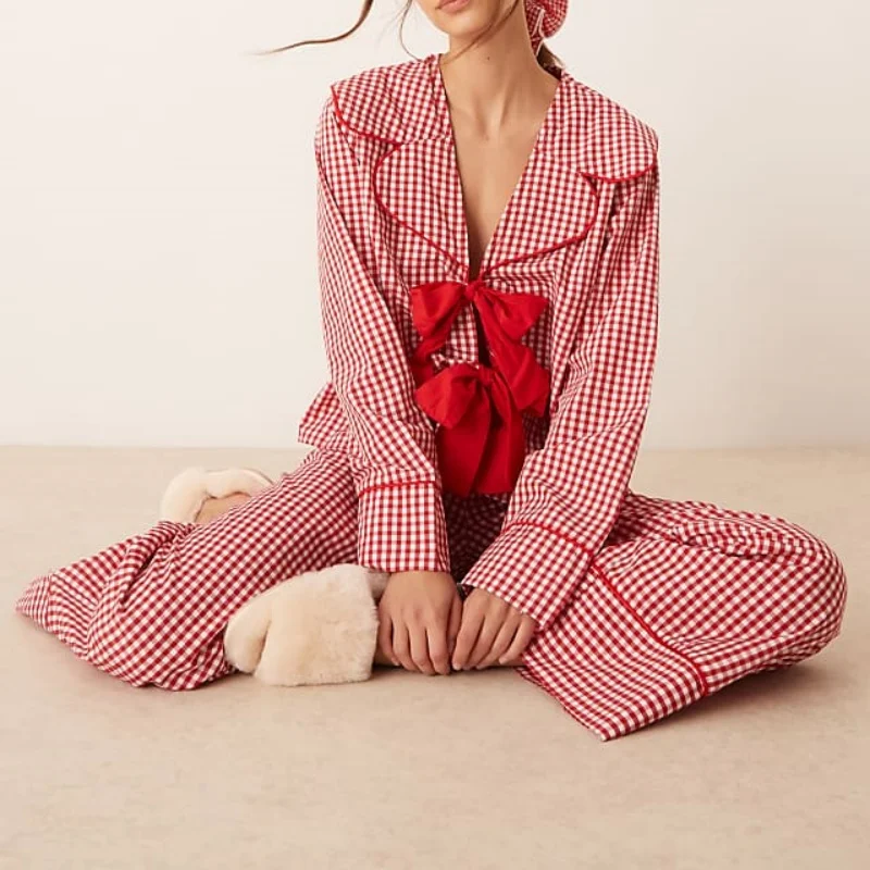 

Christmas Pajamas for Women Bow Tie Long Sleeve Shirt Pants Satin Silk Funny Graphic 2 Piece Pjs Set Sleepwear