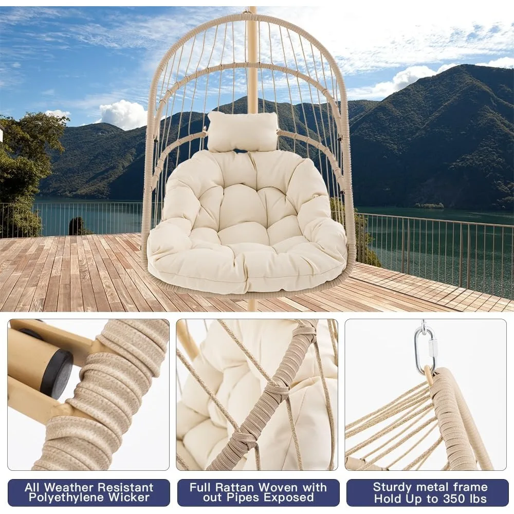 Columpio para huevos con soporte, silla colgante plegable para huevos, cesta de mimbre para interiores y exteriores con cojines resistentes a los rayos UV para dormitorio
