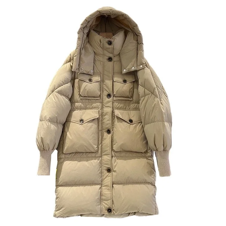 2025 inverno nova jaqueta feminina com capuz à prova de vento commuter manga de malha para baixo jaqueta