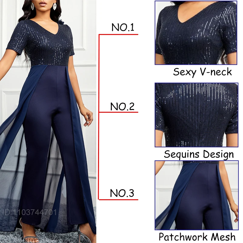 Women Summer Long Jumpsuit 2024 Slim-fit V Neck Short Sleeve Sequins Patchwork Mesh Milk Silk Jumpsuit Woman Vestidos