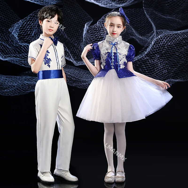 

Детский костюм для хора, газовая юбка с блестками, костюм для выступления в стиле поэзии, платье для хостинга мальчиков и девочек